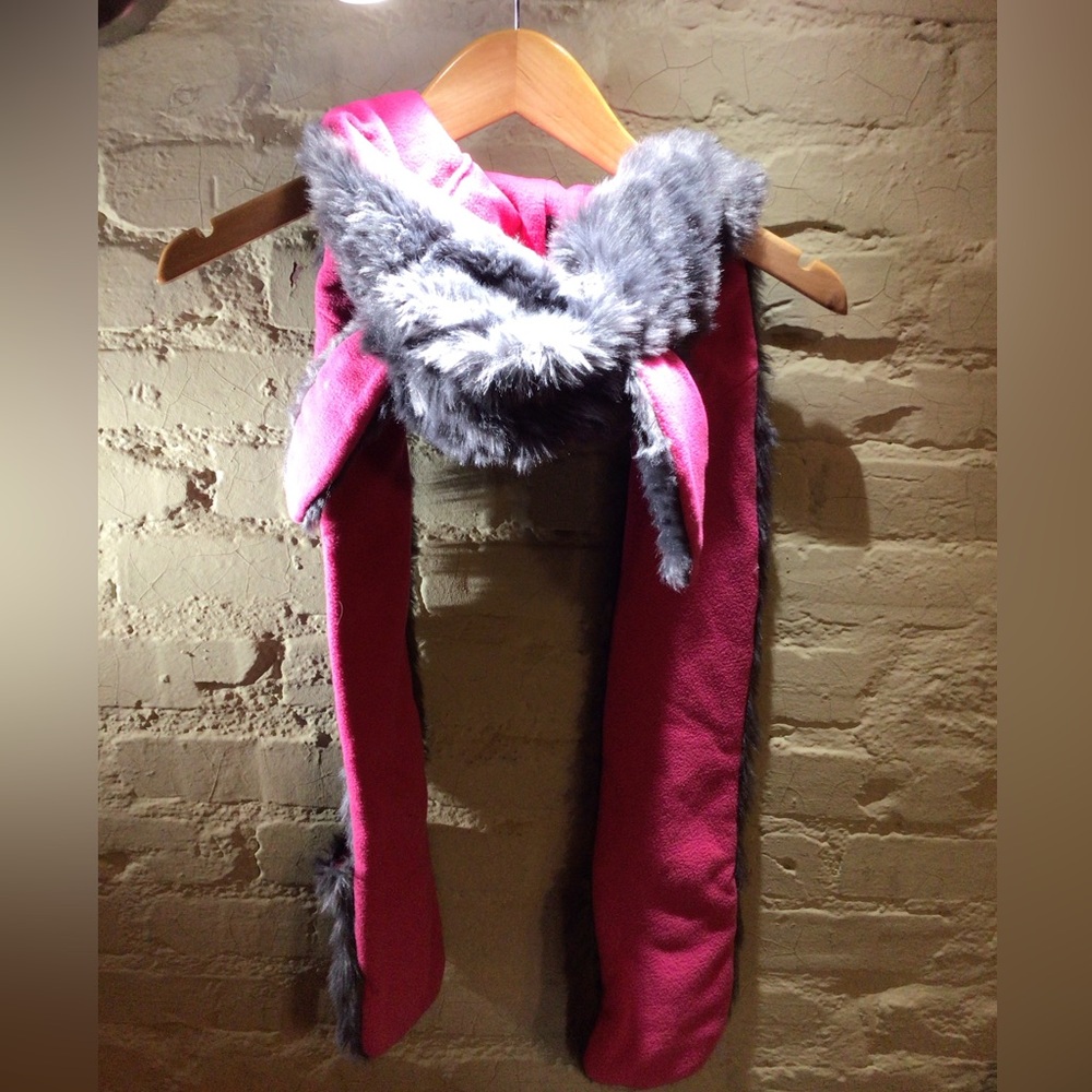 Boho Wolf  Plush Hooded Scarf Jacket - Pink with Gray Faux Fur